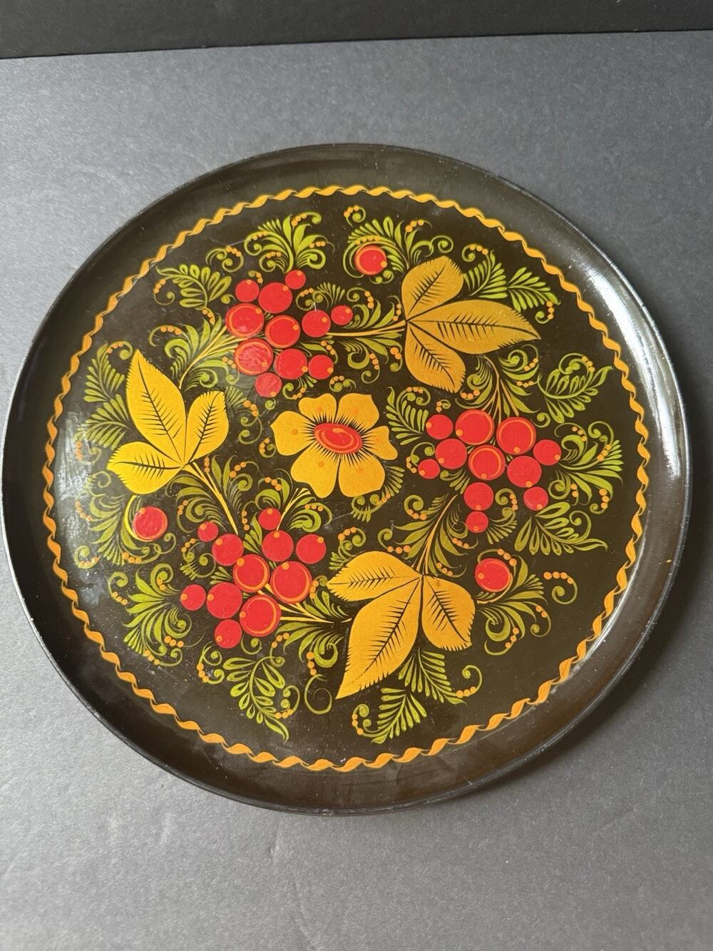 Vintage Russian 10” Handpainted Floral Lacquer Tray Platter Folk Art Artisan